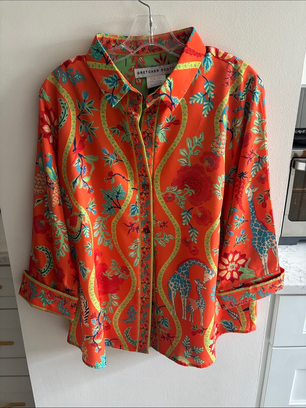 Gretchen Scott Designs Bright Orange Floral & Giraffe Button-Front Shirt
